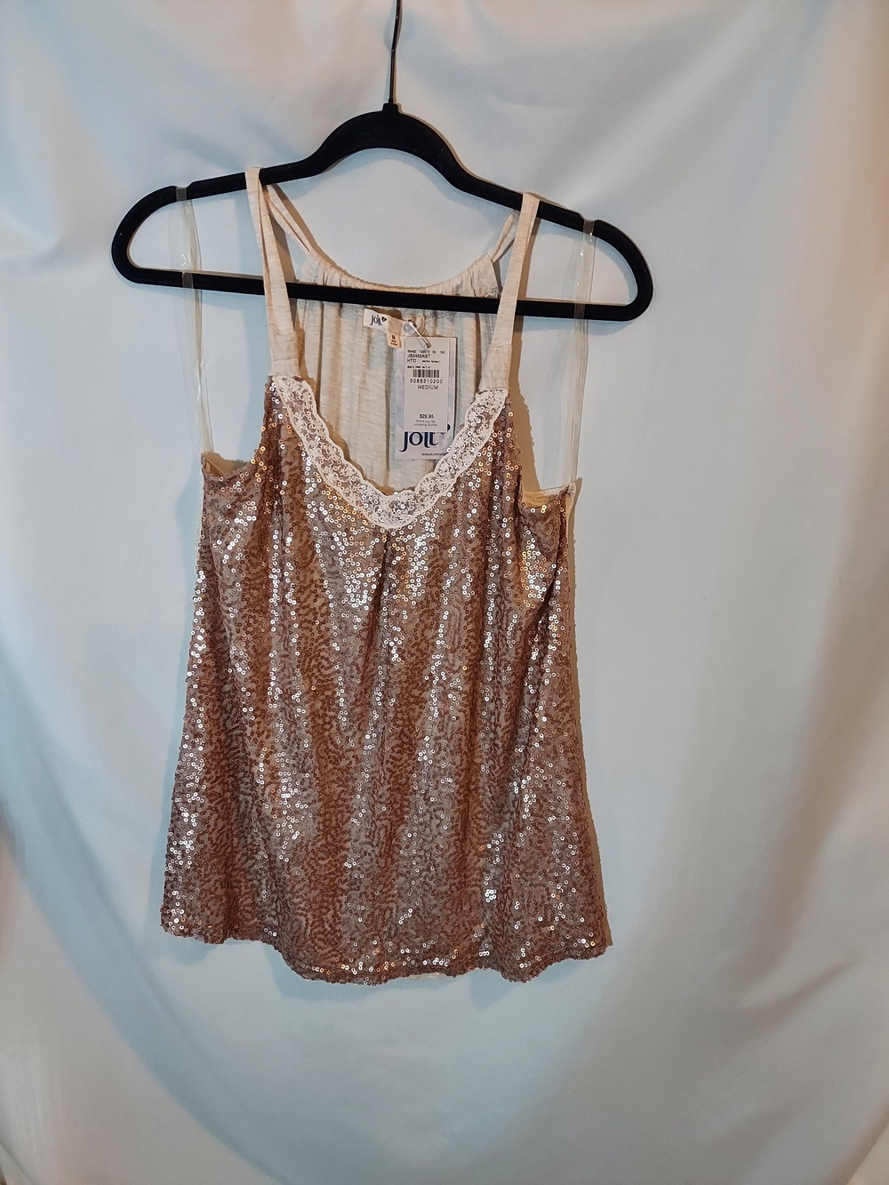 Jolt Boho Glam Rose Gold Sequin Lace-Trim Camisole